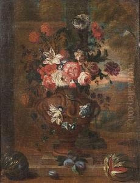 Tulips, Chrysanthemums, Morning Glory And Other Flowers In A Bronze Urn With Plums And Melons, A View To A Landscape Beyond Oil Painting by Jacobus Melchior van Herck