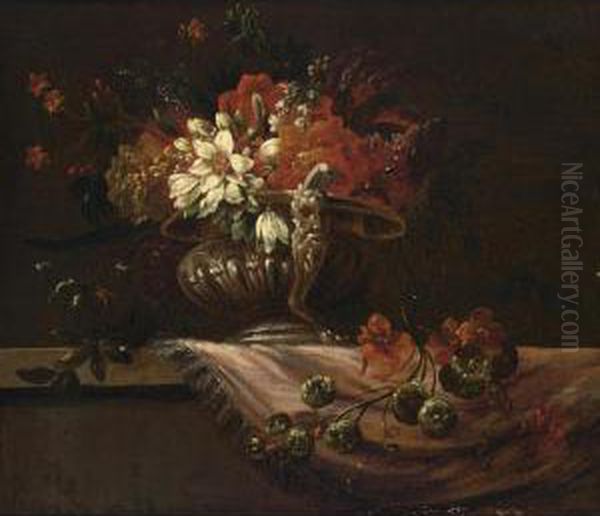 A Still Life With Poppy Anemones, Lilies And Other Flowers In A Sculpted Vase On A Ledge Covered With A Table Cloth Oil Painting by Jacobus Melchior van Herck