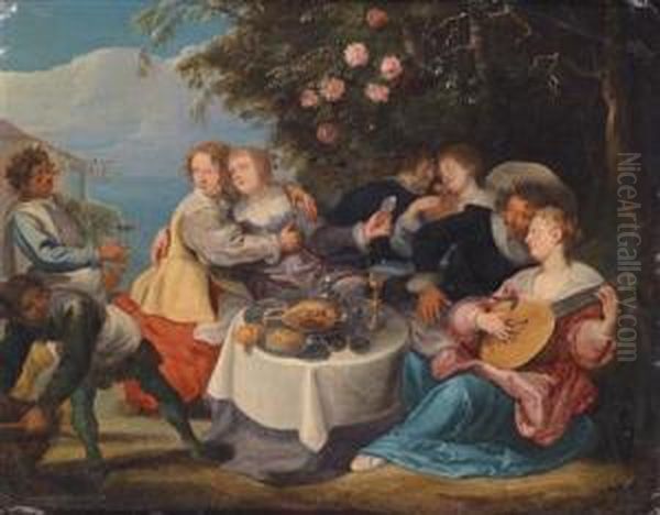 A Merry-making Party Eating And Making Music In The Garden Of An Inn Oil Painting by Willem Van Herp