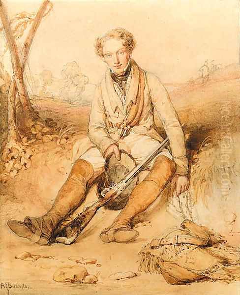 A Sportsman with his rifle, seated on a bank Oil Painting by Richard Parkes Bonington