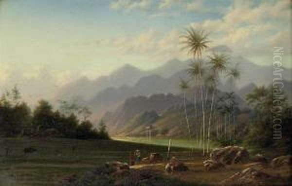 The Village Of Plosso In The Province Of Madiun, Java Oil Painting by Jacob Dirk Van Herwerden