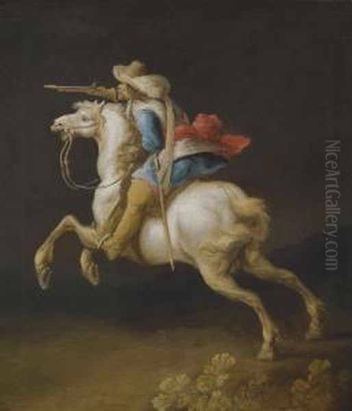 A Cavalry Officer Charging Oil Painting by Paulus Van Hillegaert