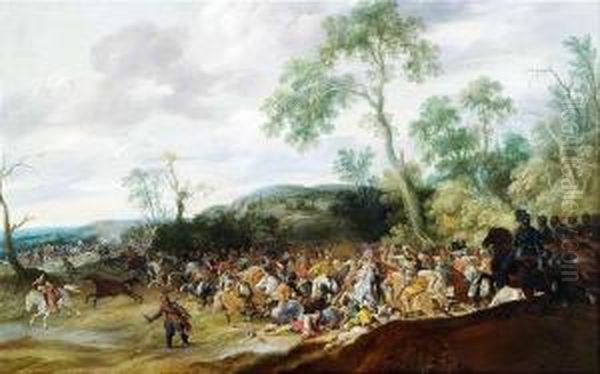 Cavalry Battle In An Extensive Landscape. Oil Painting by Paulus Van Hillegaert