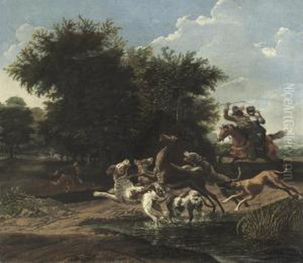 A Deer Hunt In A Wooded Landscape Oil Painting by Paulus Van Hillegaert