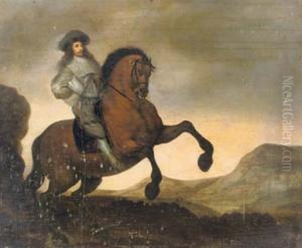 A Portrait Of A Gentleman, Full-length, On A Rearing Horse In A Landscape Oil Painting by Paulus Van Hillegaert