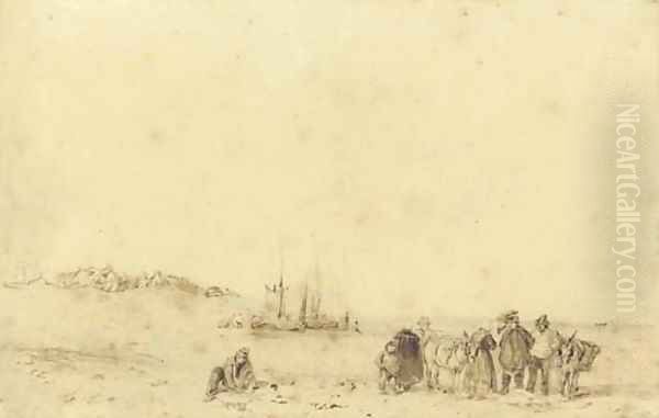 Fisherfolk at low tide, Normandy Oil Painting by Richard Parkes Bonington