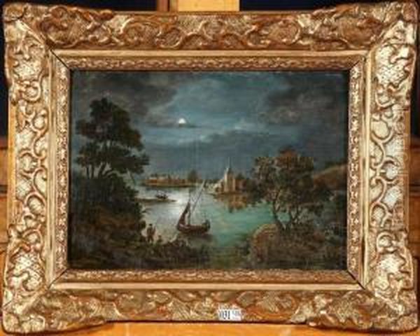 Clair De Lune Sur Le Lac Aux Pecheurs Oil Painting by Van Hoffelen