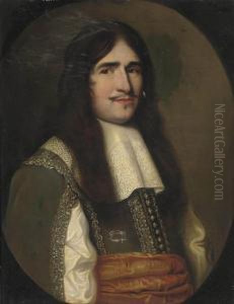 Portrait Of A Gentleman, Bust-length, In A Green Embroidered Coat With A Rust Sash And Lace Collar, Feigned Oval Oil Painting by Gerrit Van Honthorst