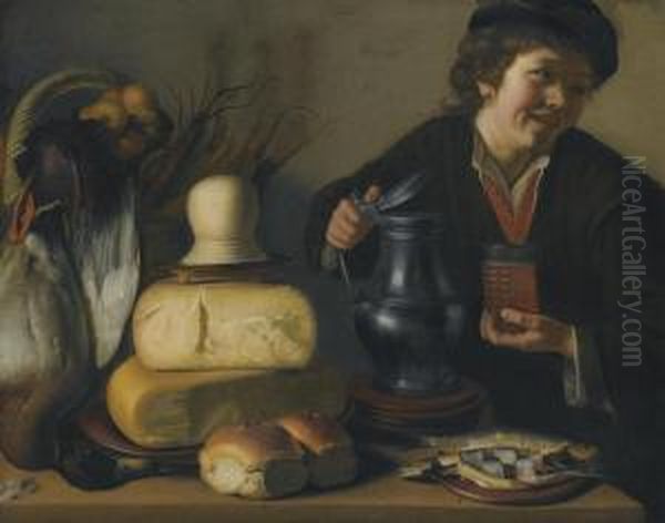 A Still Life Of A Duck, Cheeses, Vegetables And A Herring With A Youth Holding A Pewter Tankard And A Glass Of Beer Oil Painting by Gerrit Van Honthorst