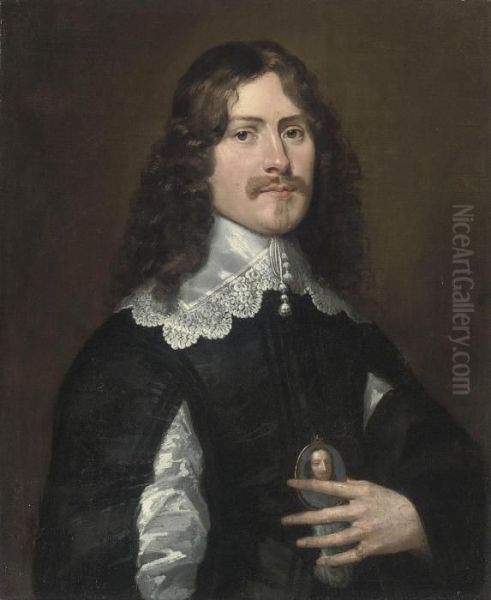 Portrait Of A Gentleman, Half-length, In A Black Slashed Doublet And White Lace Collar, A Miniature In His Left Hand Oil Painting by Gerrit Van Honthorst