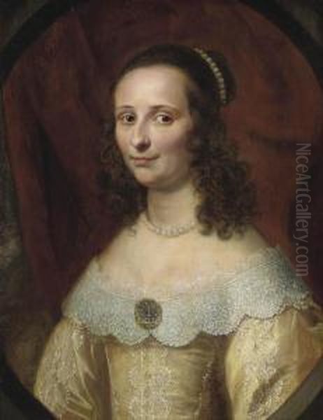 Portrait Of A Lady, Bust-length, In A Yellow Embroidered Dress, With A Pearl Necklace And Pearl Ornaments In Her Hair Oil Painting by Gerrit Van Honthorst