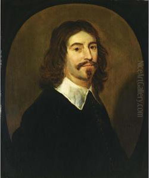 A Portrait Of A Gentleman, Bust Length, Wearing A Black Suit With White Collar, In A Painted Oval Oil Painting by Willem van Honthorst