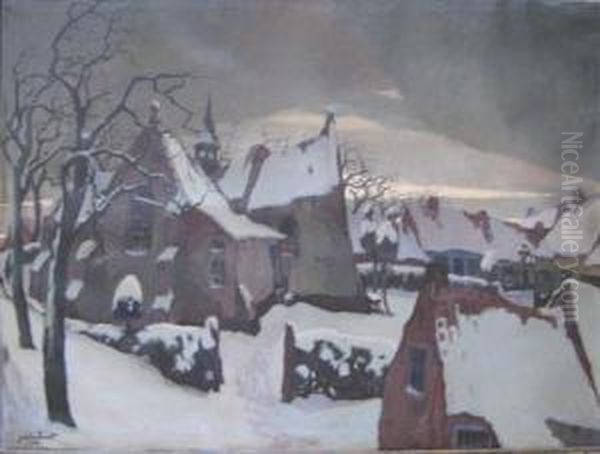 Dorp In De Sneeuw. Oil Painting by Jozef Van Hooste