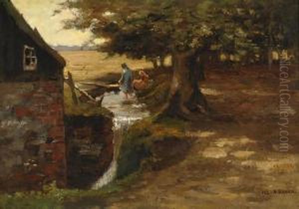 Playing Children In A Stream Oil Painting by Wijnand Bastiaan Van Horssen Rijswijk