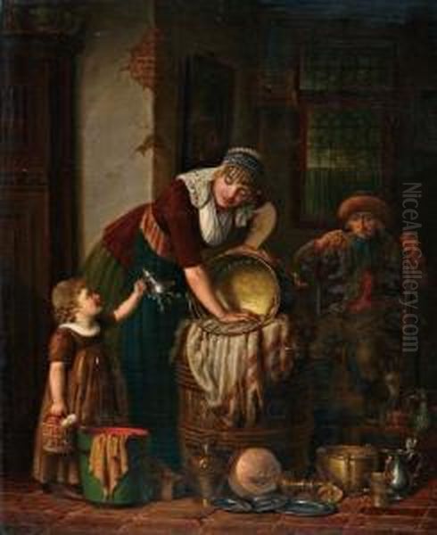 Moeder Helpen Met Koper En Tin Poetsen Oil Painting by Johanus Petrus Van Horstok