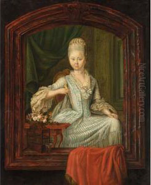 A Portrait Of Joachim Ernst Baron Mulert Tot De Leemcule, Dijkgraaf Van Salland, Heer Van Bergen (1750-1825), Standing Half-length In A Feigned Window;
 A Portrait Of His Wife Adriana Petronella Gravin Van Nassau Woudenberg (1757-1789), Seated Three-quart Oil Painting by Johanus Petrus Van Horstok