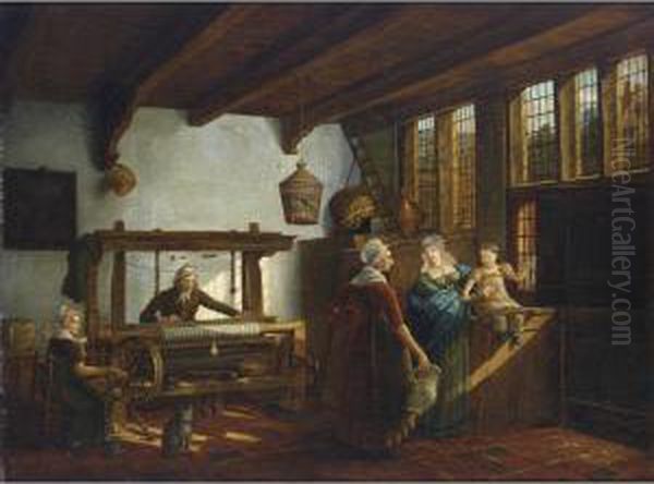 A Weaver's Workshop With A Weaver And His Maid, Together With Two Women And A Child Conversing On The Right Oil Painting by Johanus Petrus Van Horstok