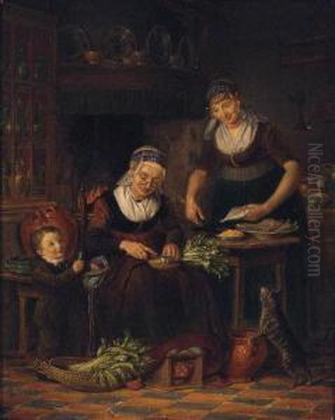 Women Preparing A Meal In A Parlour By A Young Boy And A Cat Oil Painting by Johanus Petrus Van Horstok