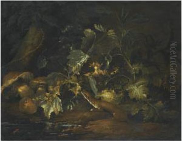 A Forest Floor With A Stoat Scurrying Through Leaves Oil Painting by Niccolino Van Houbraken