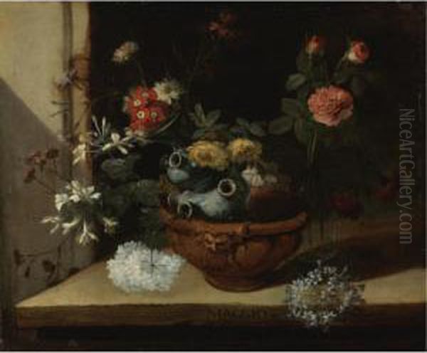 Still Life With Various Flowers And A Ceramic Vase Balanced In A Clay Pot Resting On A Stone Ledge (possibly One Of A Series Of Months) Oil Painting by Niccolino Van Houbraken