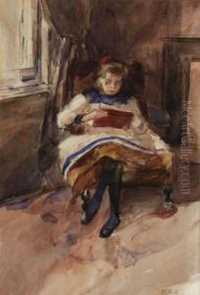 Young Girl Writing And Reading: Oil Painting by Barbara Elisabeth Van Houten