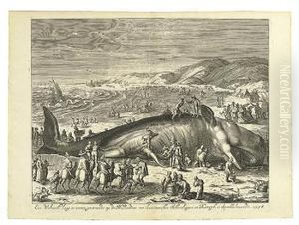 A Beached Whale Between Scheveningen And Katwijk. Oil Painting by Willem Van Houten