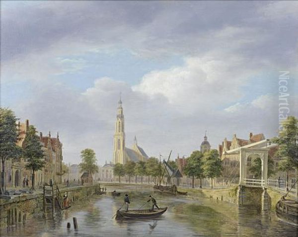 A Cappricio Town View Oil Painting by Bartholomeus J. Van Hove