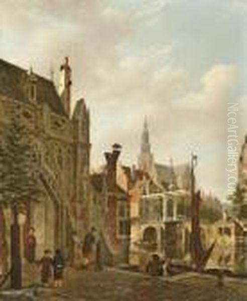 A 'capriccio' View Of A Dutch Town With Children Playing Hoop Oil Painting by Bartholomeus J. Van Hove