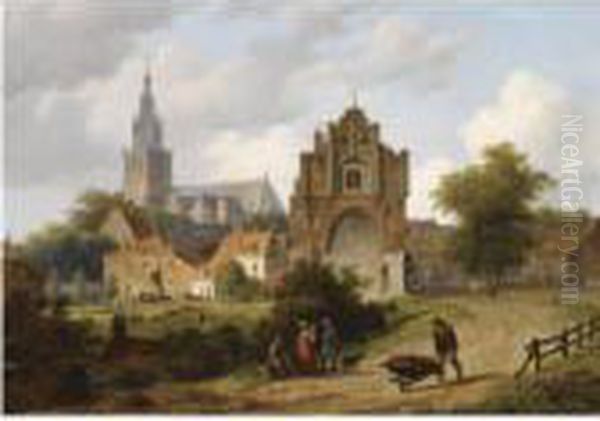 A View Of Nijmegen With The St. Stevenskerk And The Waag Oil Painting by Bartholomeus J. Van Hove