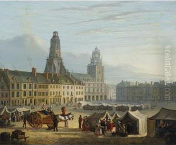 Market In The Hague Oil Painting by Bartholomeus J. Van Hove