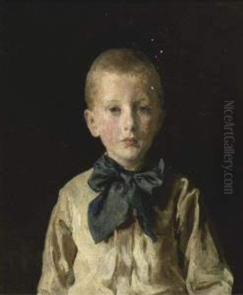 Boy With A Blue Ribbon Oil Painting by Edmond Theodor Van Hove