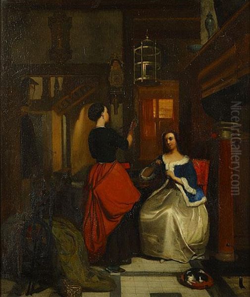 Twee Jonge Dames In Een Interieur Oil Painting by Hubertus, Huib Van Hove