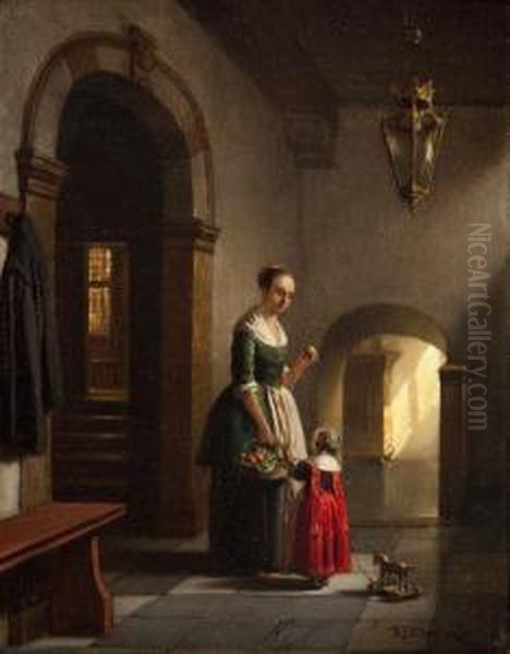 A 17th Century Interior With Mother And Child by Hubertus, Huib Van Hove