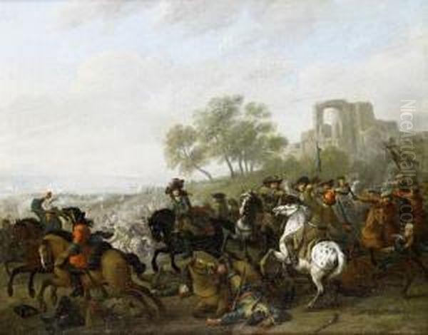 A Cavalry Skirmish In An Open Landscape, Aruined Village On The Horizon Oil Painting by Jan van Huchtenburg