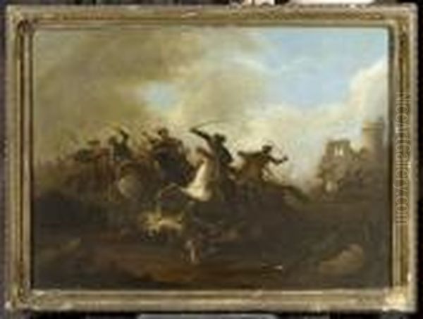 Battle With Horsemen Oil Painting by Jan van Huchtenburg