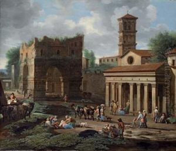 The Arch Of Janus, Rome, With The Church Of San Giorgio In Velabro Oil Painting by Jan van Huchtenburg