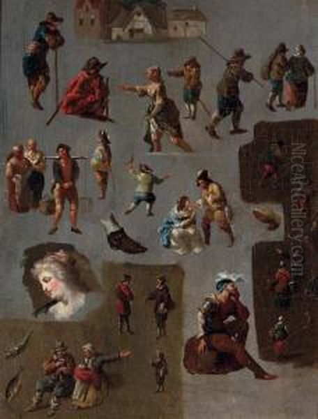 Studies Of Figures, Shoes, Fish And A Building Oil Painting by Jan van Huchtenburg