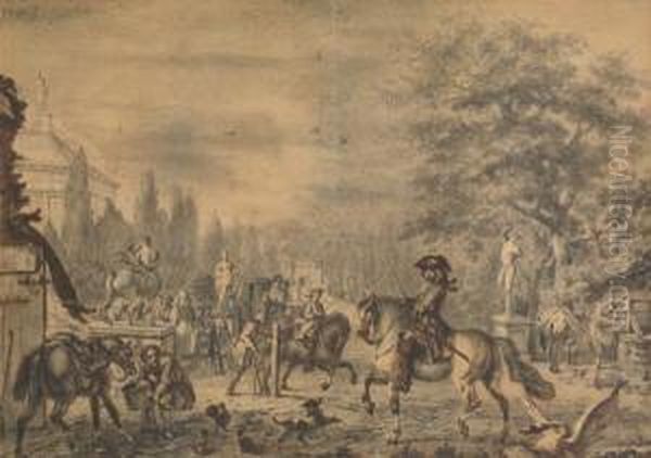 L'arrive D'un Cavalier Dans Un Parc Oil Painting by Jan von Huchtenburgh