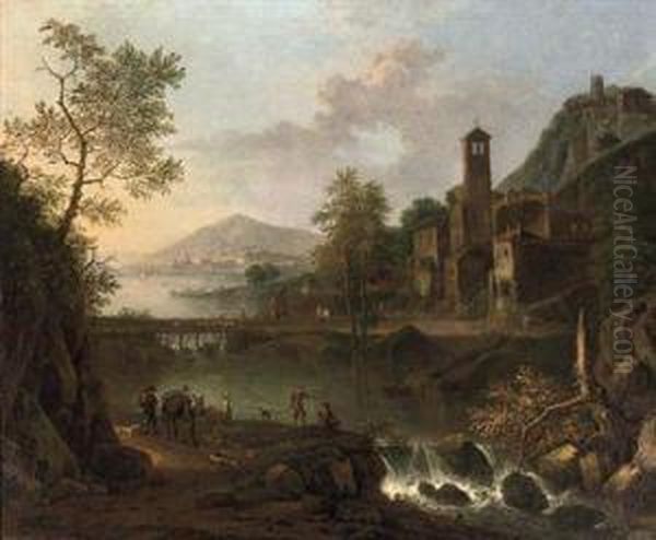 An Italianate River Landscape With A Muleteer And Anglers, A Hilltop Town Beyond Oil Painting by Jan Van Huijsum