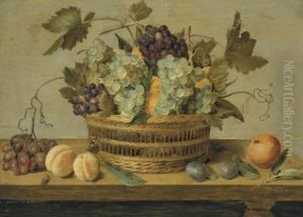 Nectarines And Grapes In A Basket On A Table Oil Painting by Jacob van Hulsdonck