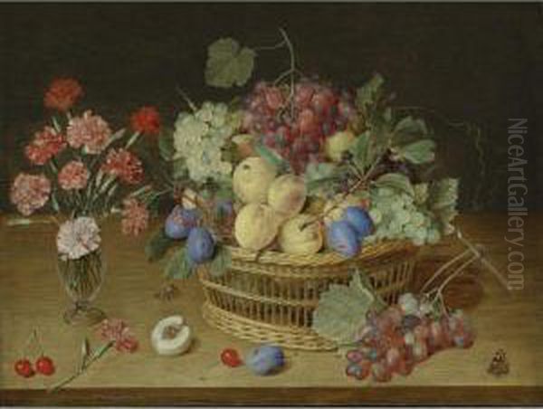 A Still Life With A Vase Of Carnations Oil Painting by Jacob van Hulsdonck