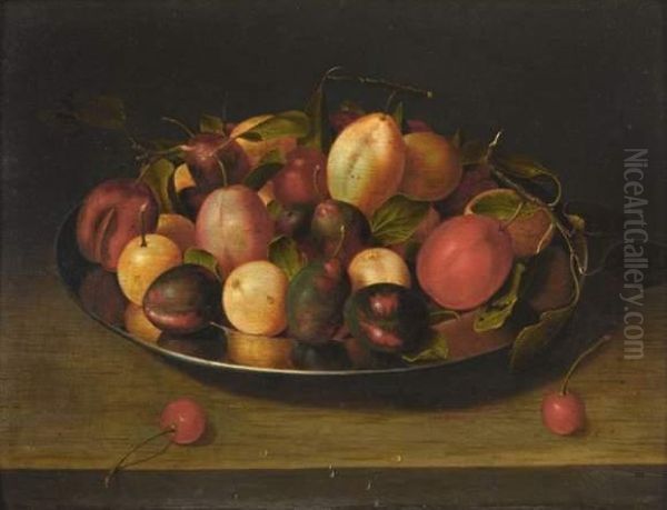 Coupe De Prunes Et Cerises Sur Un Entablement Oil Painting by Jacob van Hulsdonck