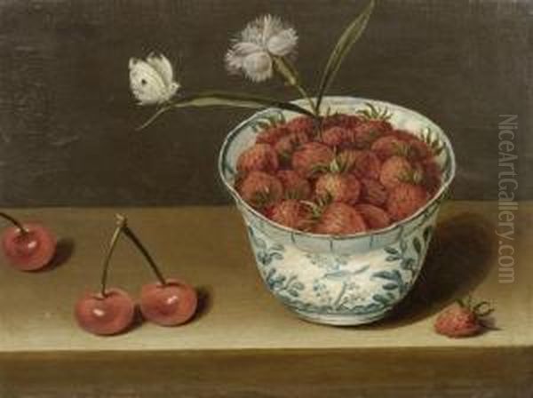 A Still Life With Strawberries In A Delft Vase, Cherries And A Butterfly Oil Painting by Jacob van Hulsdonck