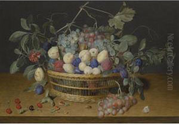 Still Life With Plums, Grapes And Peaches In A Wicker Basket,with Cherries, Hazelnuts, A Beetle And A Butterfly On The Woodentabletop Beneath Oil Painting by Jacob van Hulsdonck