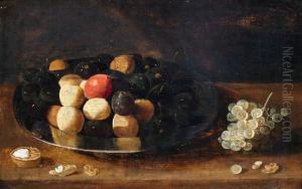 Pflaumen Und Andere Fruchte Auf Einem Silberteller Oil Painting by Jacob van Hulsdonck