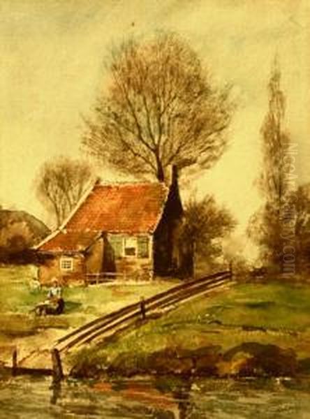 Landbouwershuisje. Gesigneerd Oil Painting by Johan Cornelis Van Hulsteijn