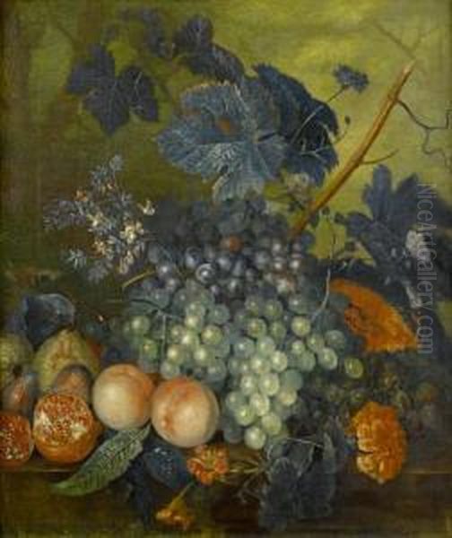 Peaches, Grapes, Pomegranates, A Melon, And Other Fruit With Flowers On A Stone Ledge Oil Painting by Jacob van Huysum