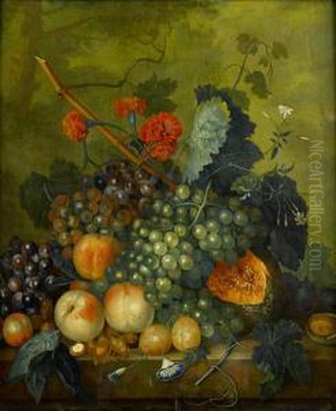 Pears, Peaches, Grapes And A Melon On A Stone Ledge Oil Painting by Jacob van Huysum