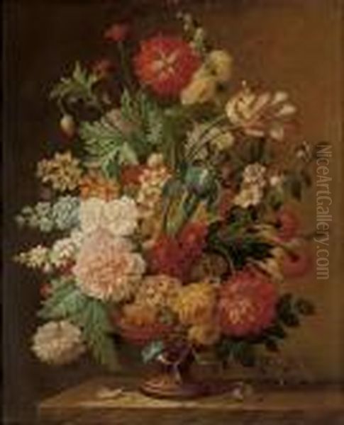 Tulips, Narcissi, An Iris, Convolvulus And Other Flowers In A Sculpted Urn Oil Painting by Jacob van Huysum