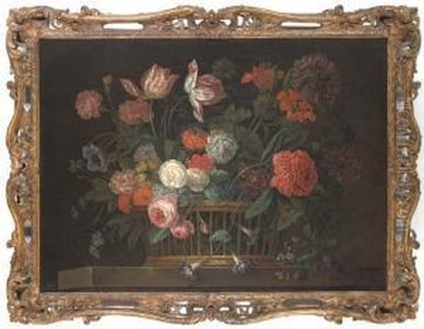 Roses, Chrysanthemums, Morning Glory, Lilies, Carnations And Other Flowers In A Basket On A Stone Ledge Oil Painting by Jacob van Huysum